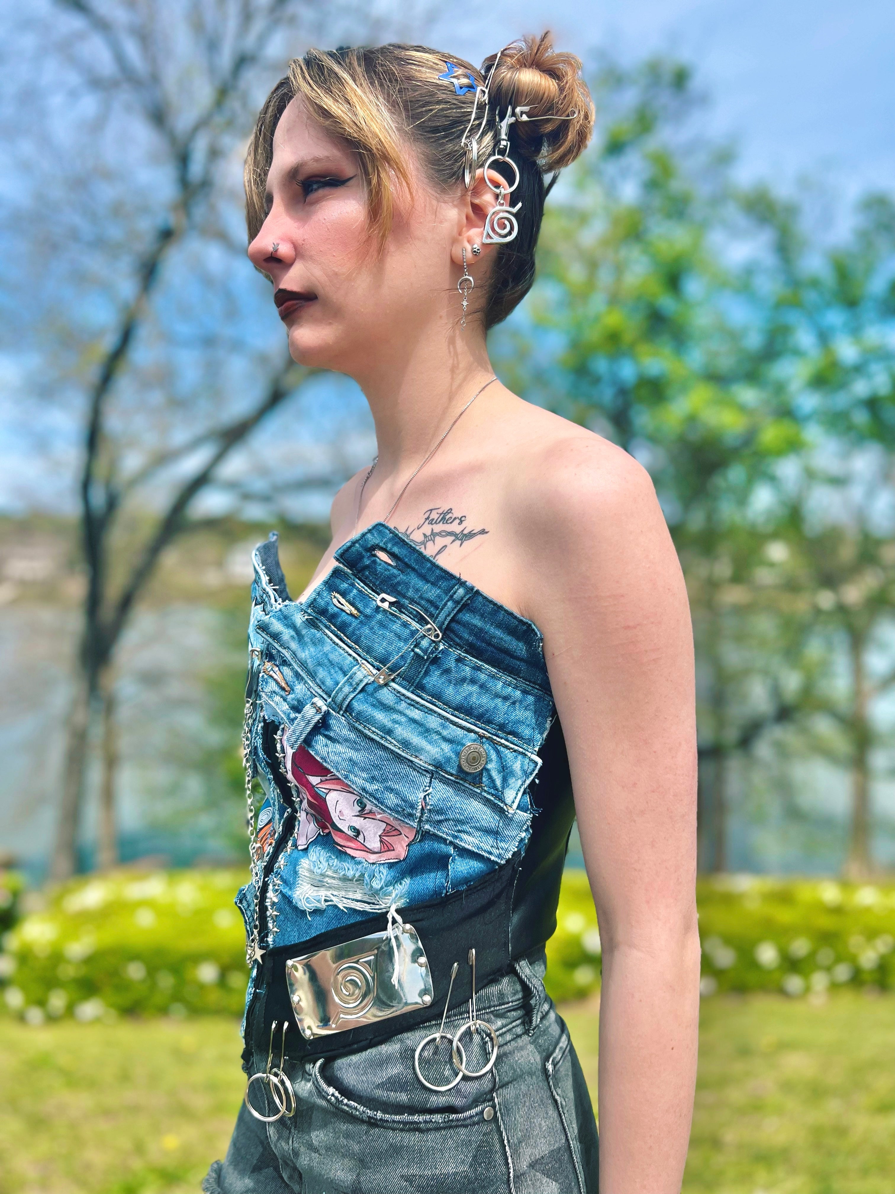 Naruto denim patchwork corset